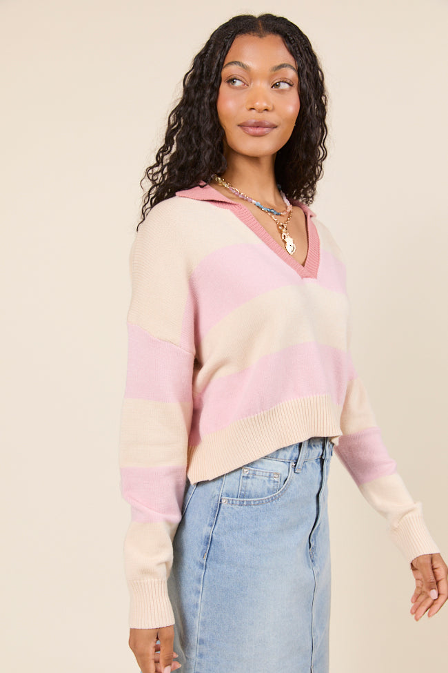 Hibiscus Pink and Cream Striped Collared V-Neck Sweater - Image 6