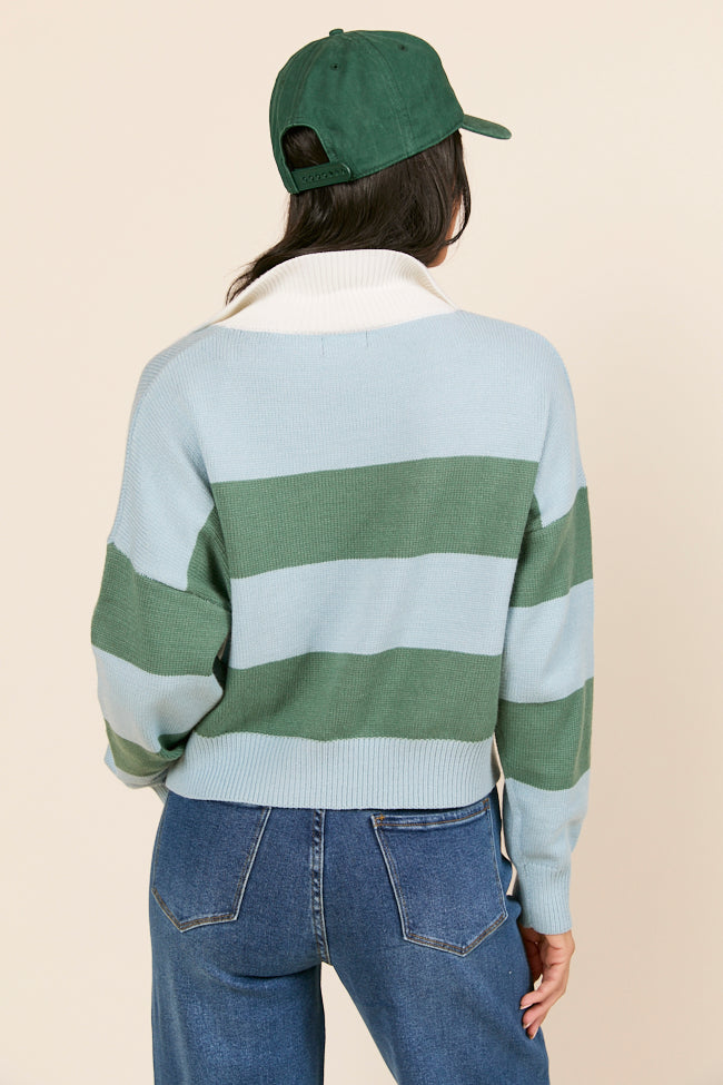 Hibiscus Blue and Green Striped Collared V-Neck Sweater - Image 6