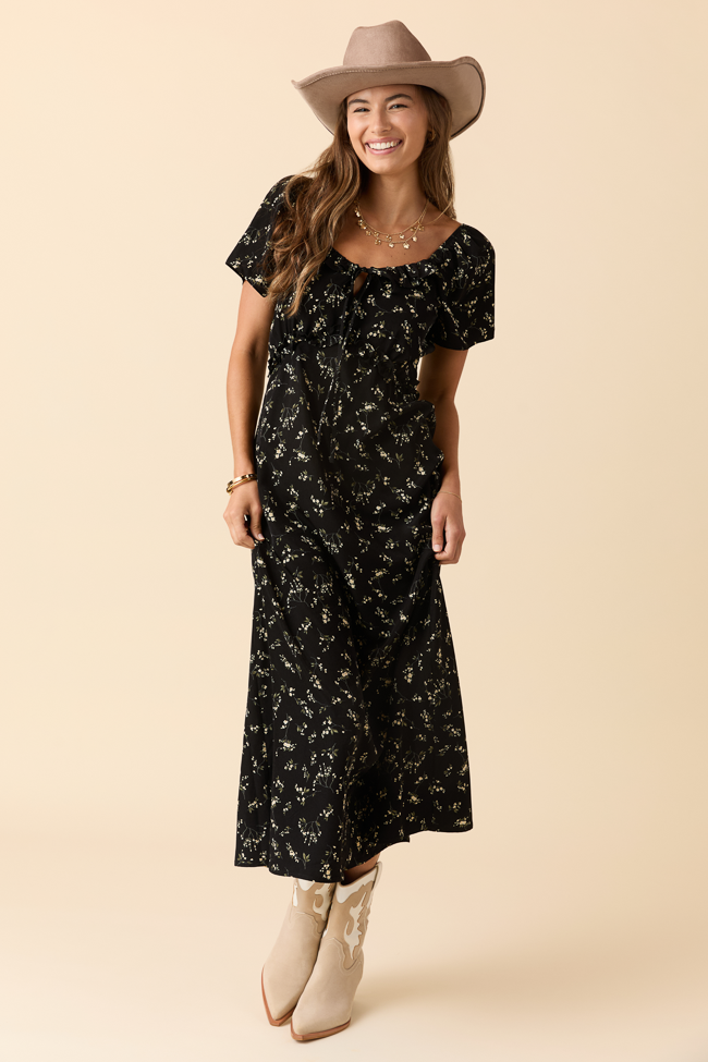 Bethany Black Floral Print Maxi Dress - Image 2