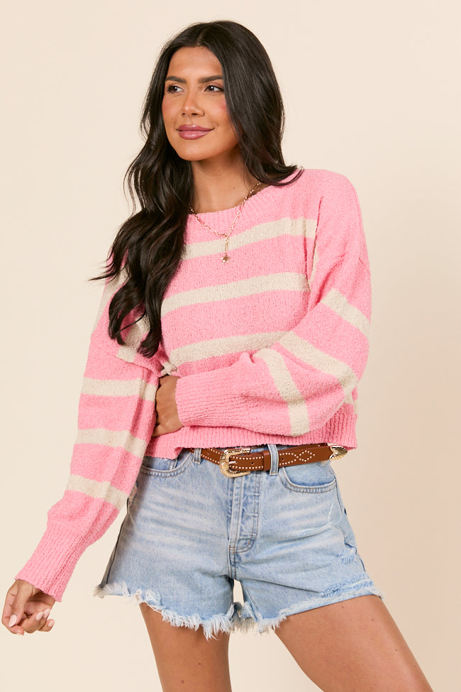 Rosey Long Sleeve Pink Striped Crewneck Sweater
