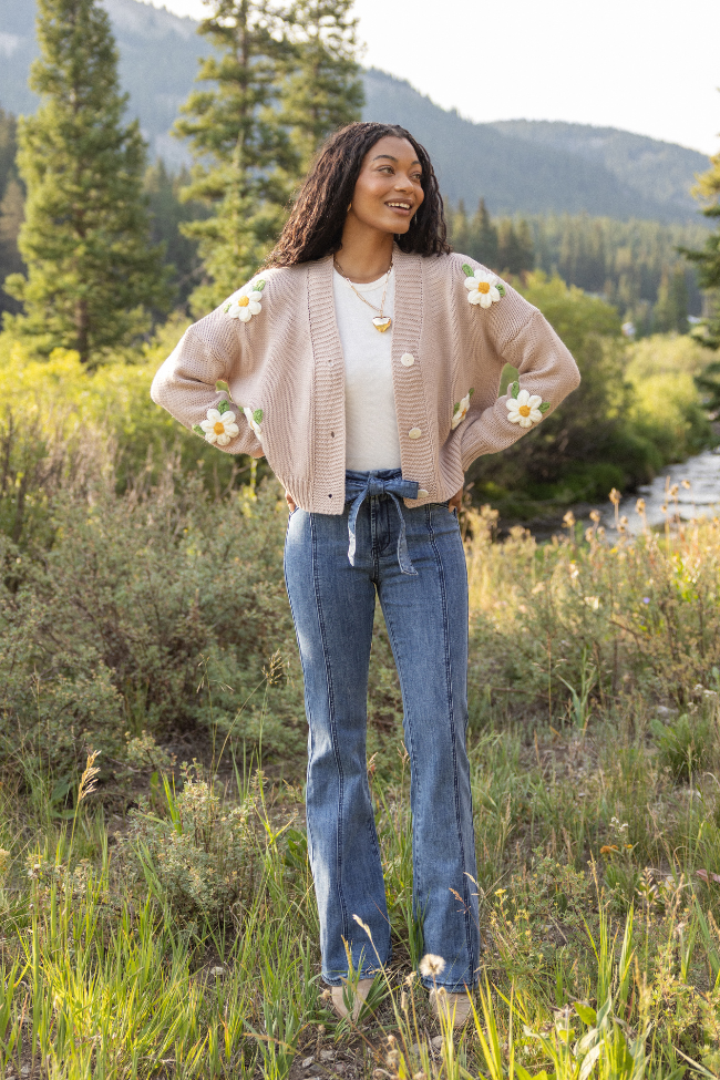 Samantha Long Sleeve Taupe Daisy Cardigan - Image 2