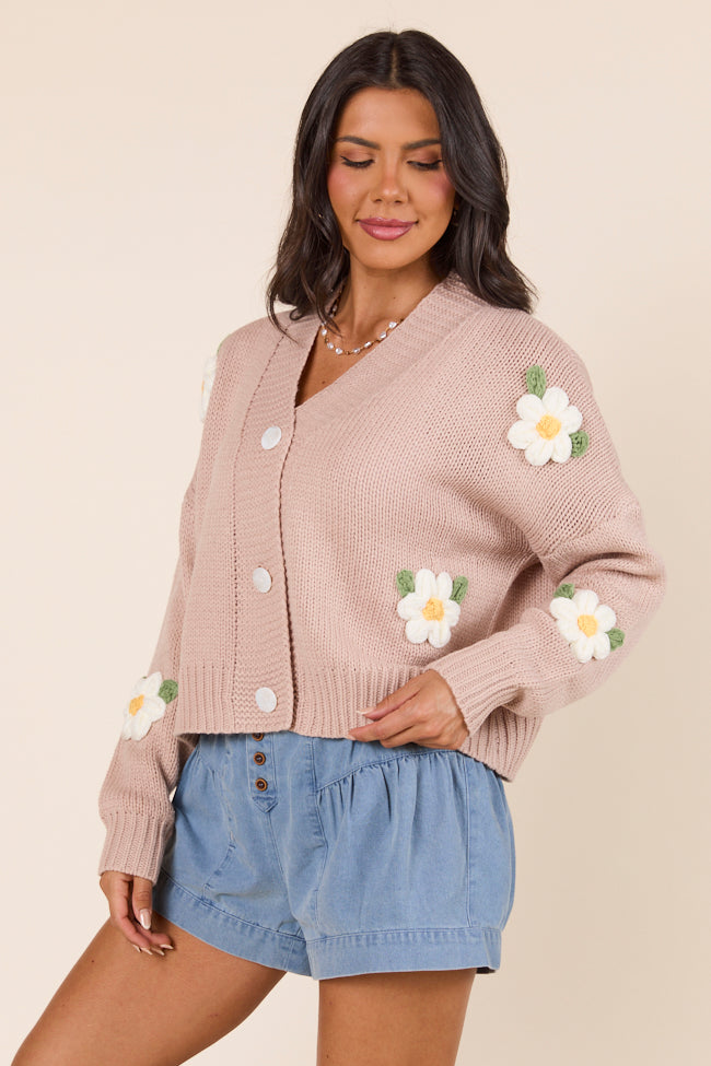 Samantha Long Sleeve Taupe Daisy Cardigan - Image 5