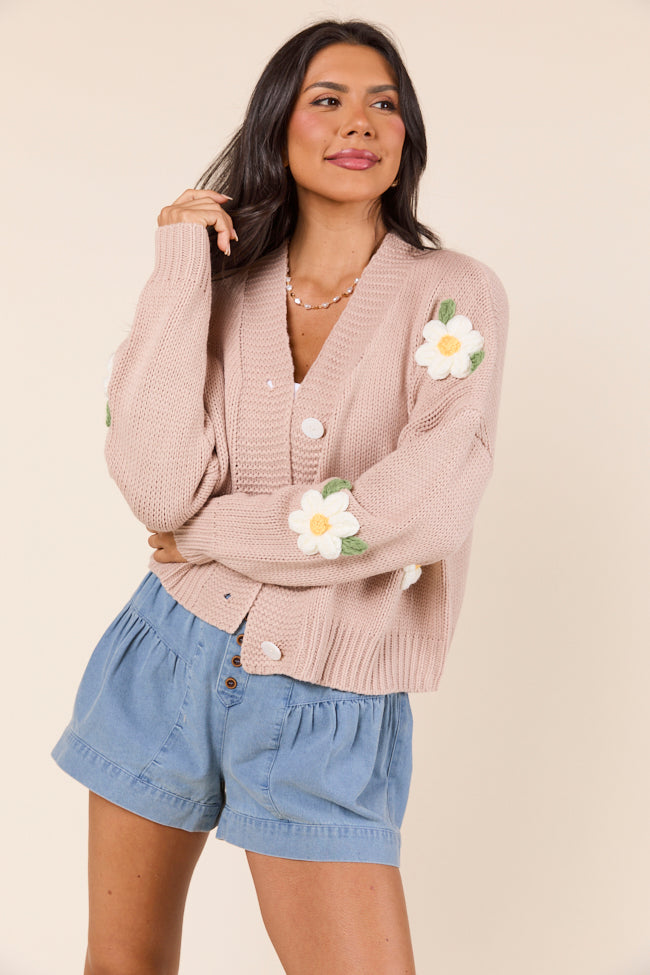 Samantha Long Sleeve Taupe Daisy Cardigan - Image 3