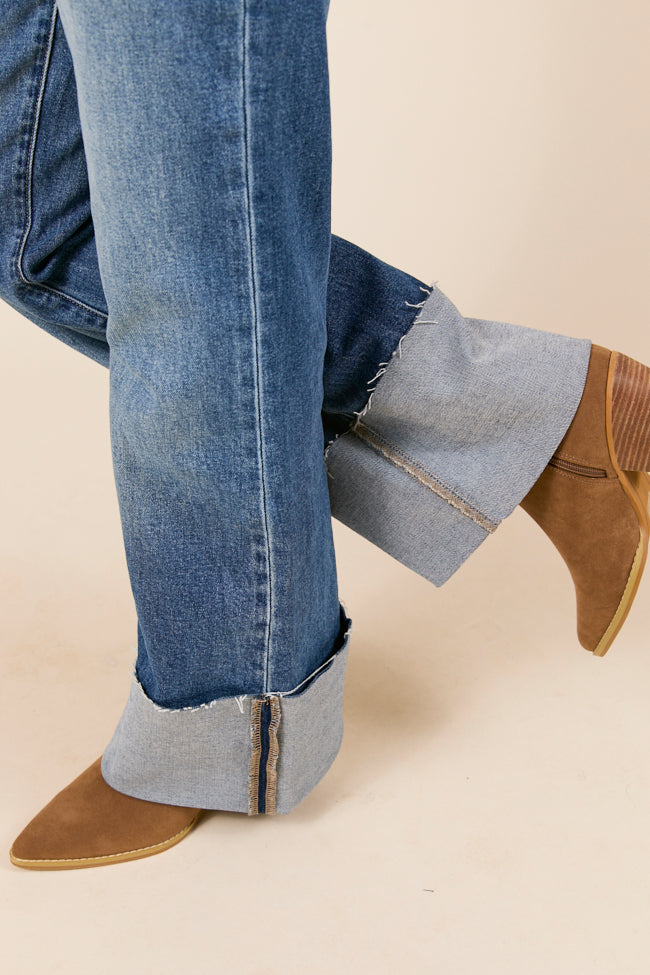 Jolie Dark Wash Mid Rise Wide Flare Cuffed Jeans FINAL SALE - Image 4