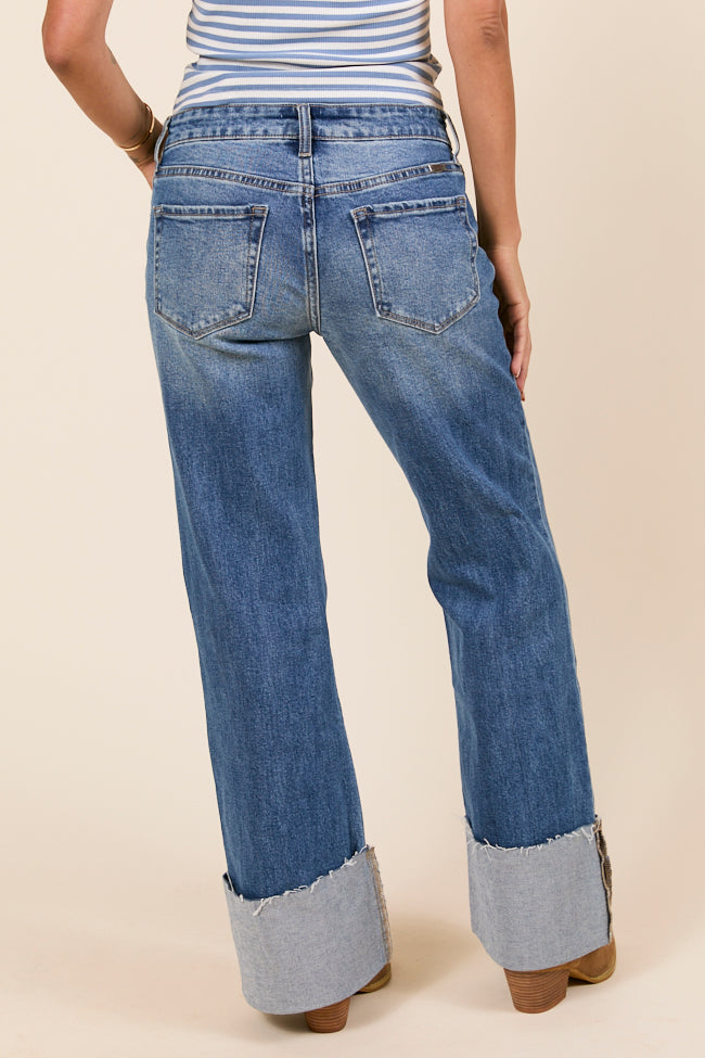 Jolie Dark Wash Mid Rise Wide Flare Cuffed Jeans FINAL SALE - Image 5