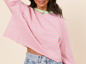 Susanna Long Sleeve Pink and Green Stripe Knit Tee