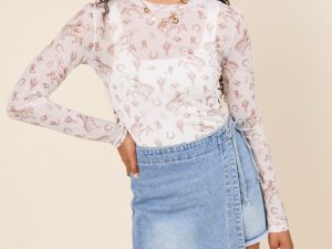 Darlene Long Sleeve White Rodeo Mesh Crewneck Top
