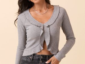 Linda Grey Ruffled Neckline Long Sleeve Knit Top