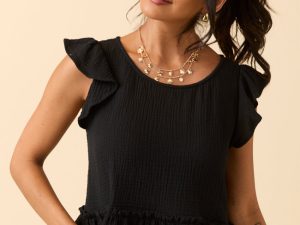Ruby Black Gauze Flutter Button Back Woven Blouse