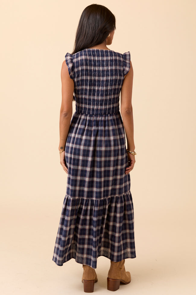 Ruth Navy Blue Plaid Maxi Dress - Image 4