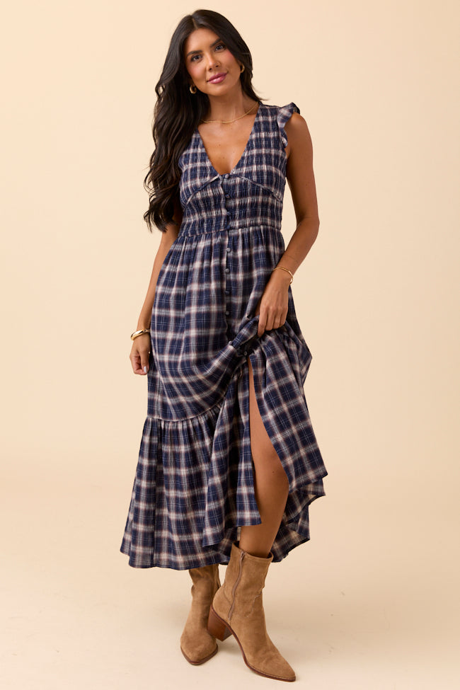 Ruth Navy Blue Plaid Maxi Dress