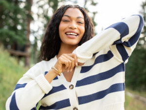 Rachel Ivory and Navy Blue Stripe Cropped Cardigan FINAL SALE