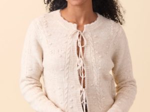 Everly Light Beige Front Ties Textured Knit Cardigan