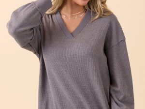 Cruz Oversized V-Neck Waffle Knit Charcoal Pullover