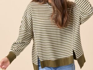 Kara Green Stripe Waffle Pullover