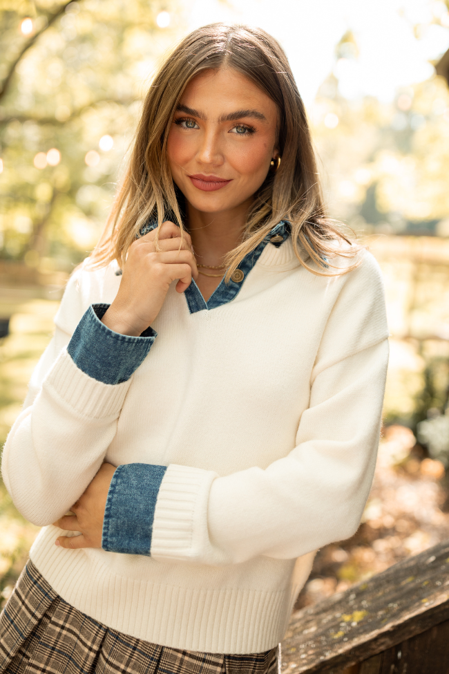 Cecil Ivory And Denim Collared Sweater