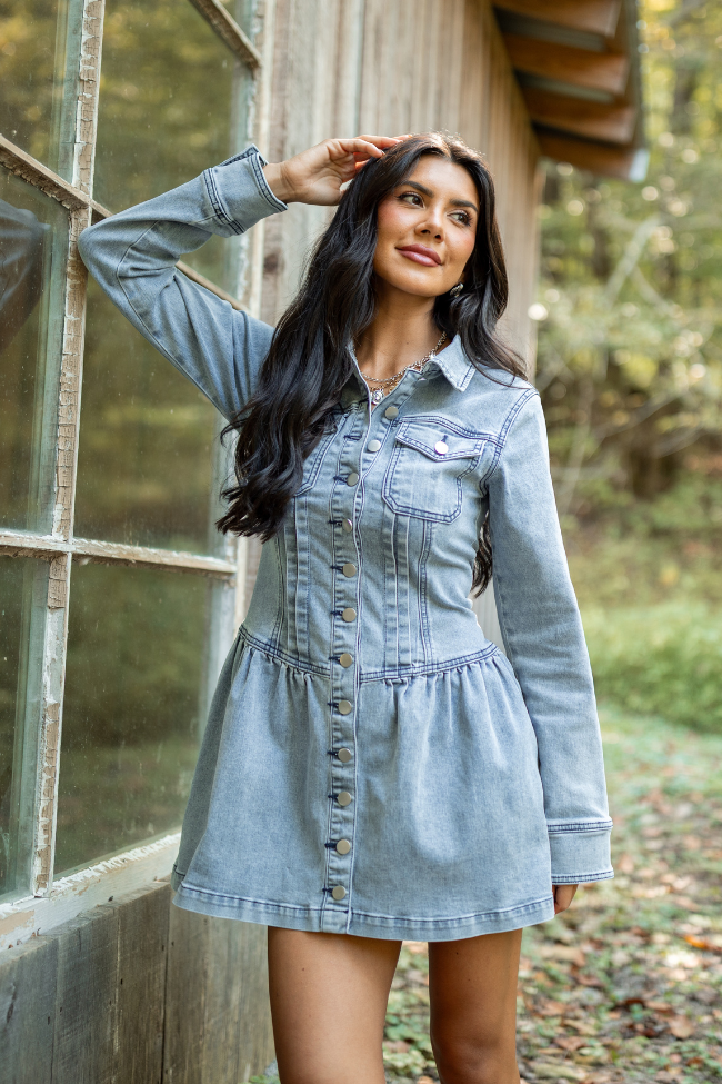 My Favorite Medium Wash Long Sleeve Button Front Mini Dress