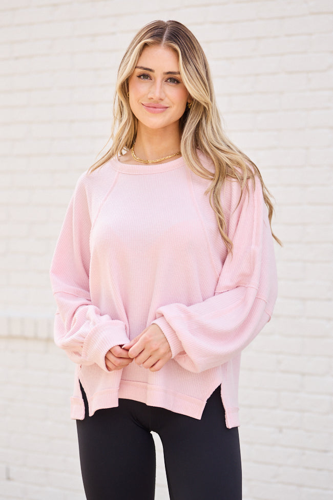 Caroline Pink Brushed Waffle Crewneck Pullover - Image 3