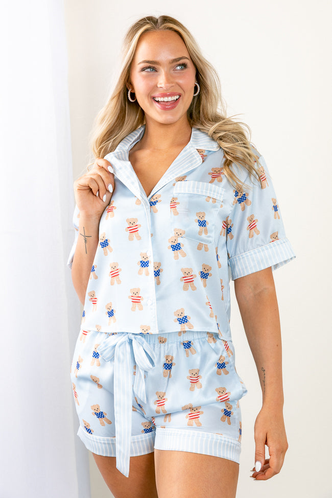 Bearly Asleep Teddy Bear Printed Short Sleeve Pajama Top FINAL SALE