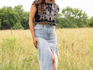 Mya Medium Wash Denim Midi Skirt FINAL SALE