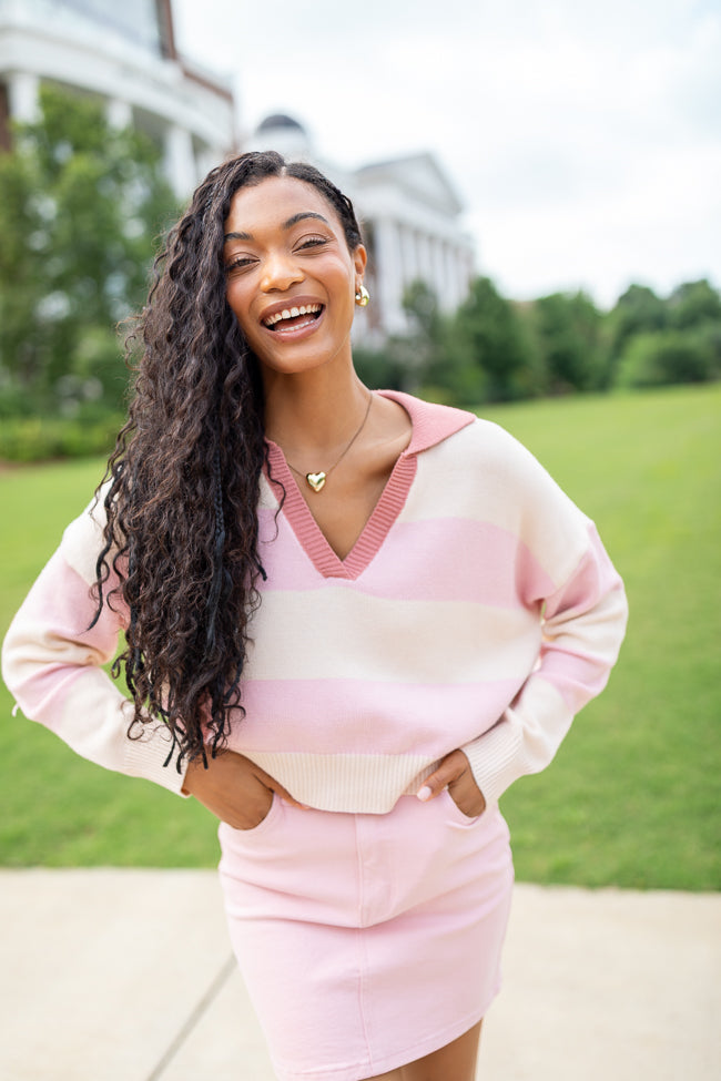 Hibiscus Pink and Cream Striped Collared V-Neck Sweater