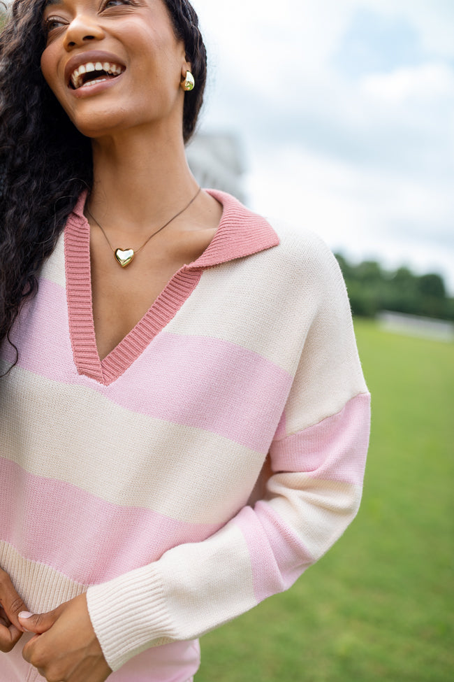 Hibiscus Pink and Cream Striped Collared V-Neck Sweater - Image 2