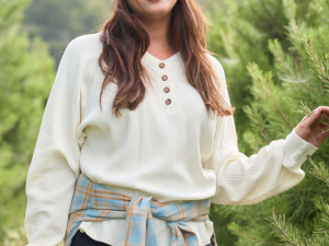 Abbie Long Sleeve Mineral Wash Cream Thermal Henley Top