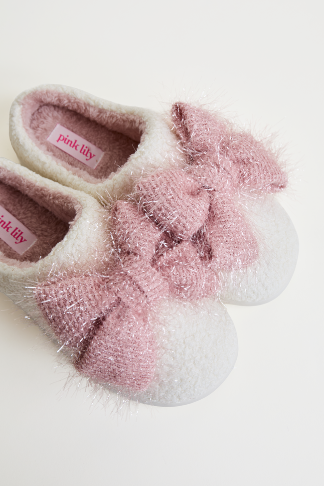 Cozi Pink Tinsel Bow Shearling Slippers - Image 3
