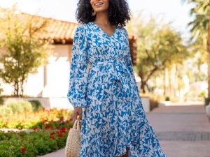 Palmetto Paradise Blue and White Long Sleeve Maxi Dress FINAL SALE