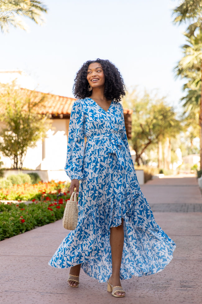 Palmetto Paradise Blue and White Long Sleeve Maxi Dress FINAL SALE