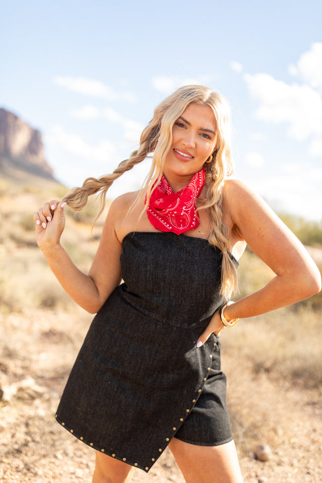 Pretty Heart Black Denim Strapless Romper FINAL SALE