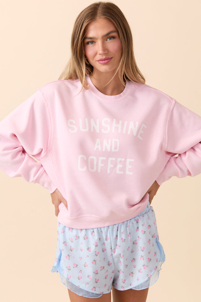Sunshine and Coffee Soft Pink Raw Hem Fleece Graphic Sweatshirt - Image 2