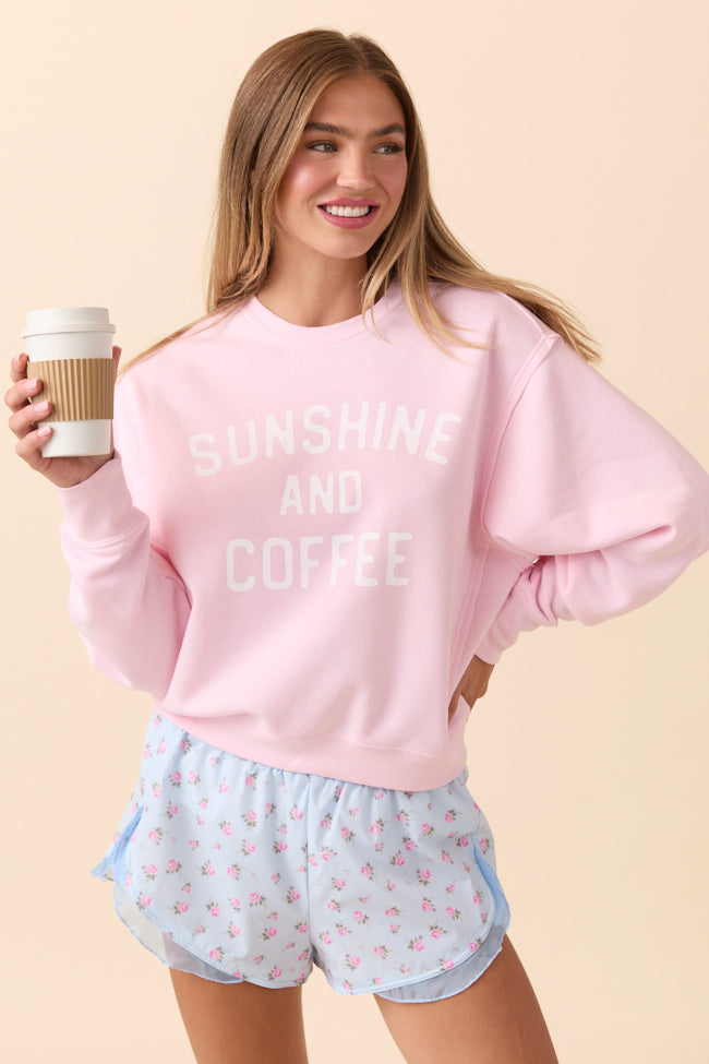 Sunshine and Coffee Soft Pink Raw Hem Fleece Graphic Sweatshirt