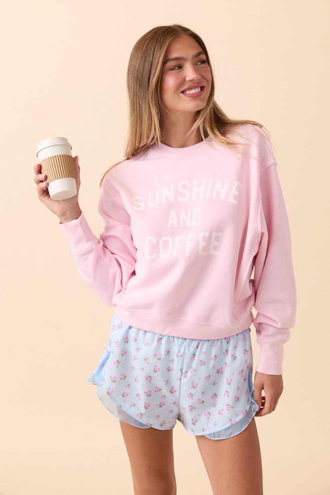 Sunshine and Coffee Soft Pink Raw Hem Fleece Graphic Sweatshirt - Image 4
