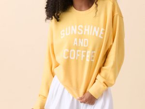 Sunshine and Coffee Yellow Raw Hem Fleece Graphic Sweatshirt