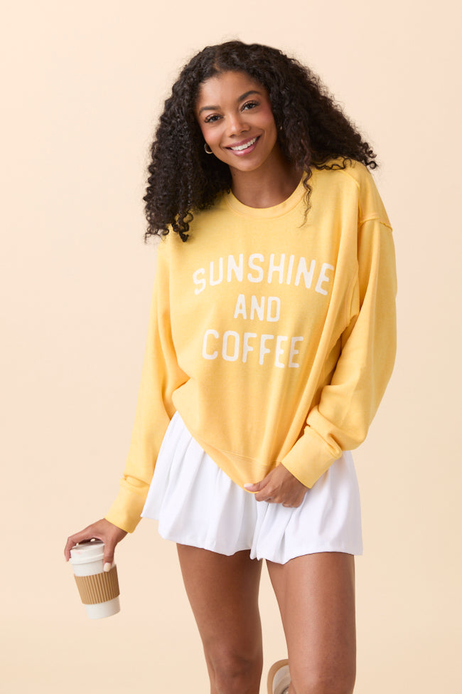 Sunshine and Coffee Yellow Raw Hem Fleece Graphic Sweatshirt