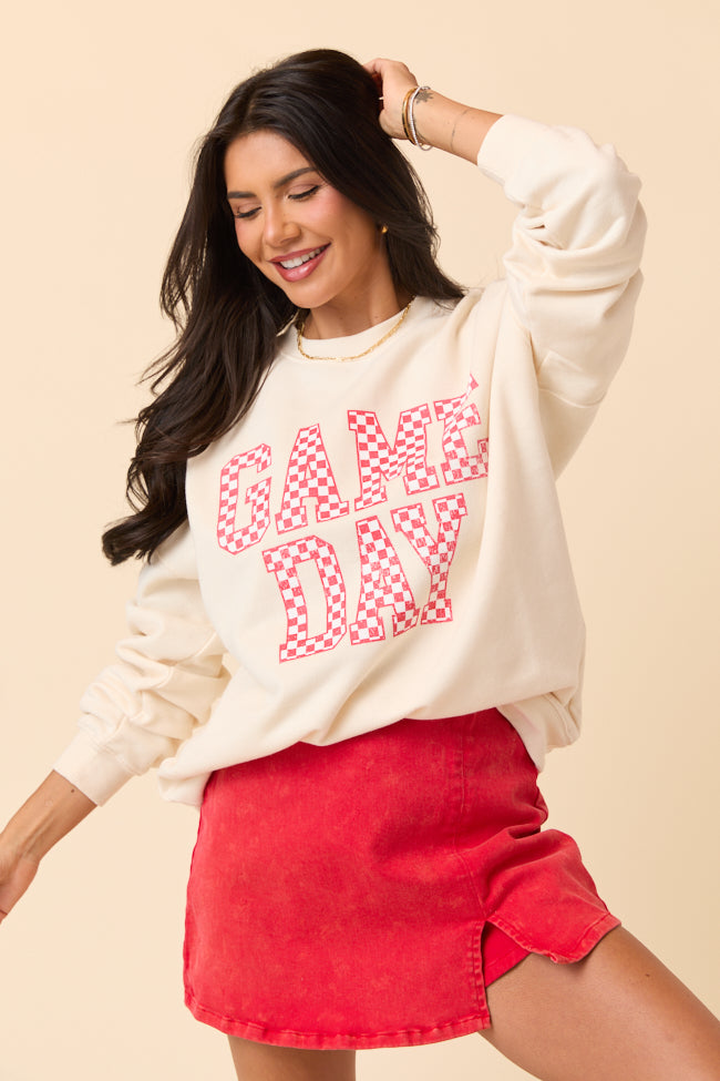 Checkered Red Game Day Cream Graphic Sweatshirt