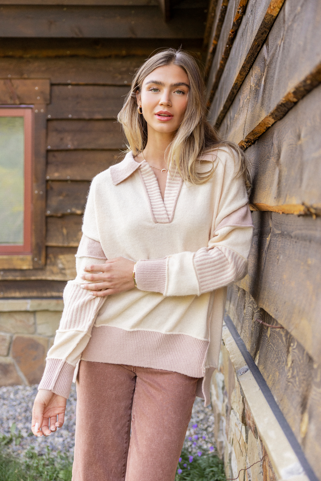 Think About It Cream and Mauve Collared Oversized Sweater
