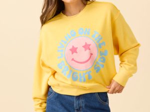 Living On The Bright Side Yellow Raw Hem Fleece Graphic Sweatshirt
