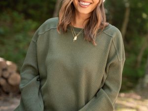 Dylan Waffle Knit Olive Green Pullover Emily Fauver X Pink Lily