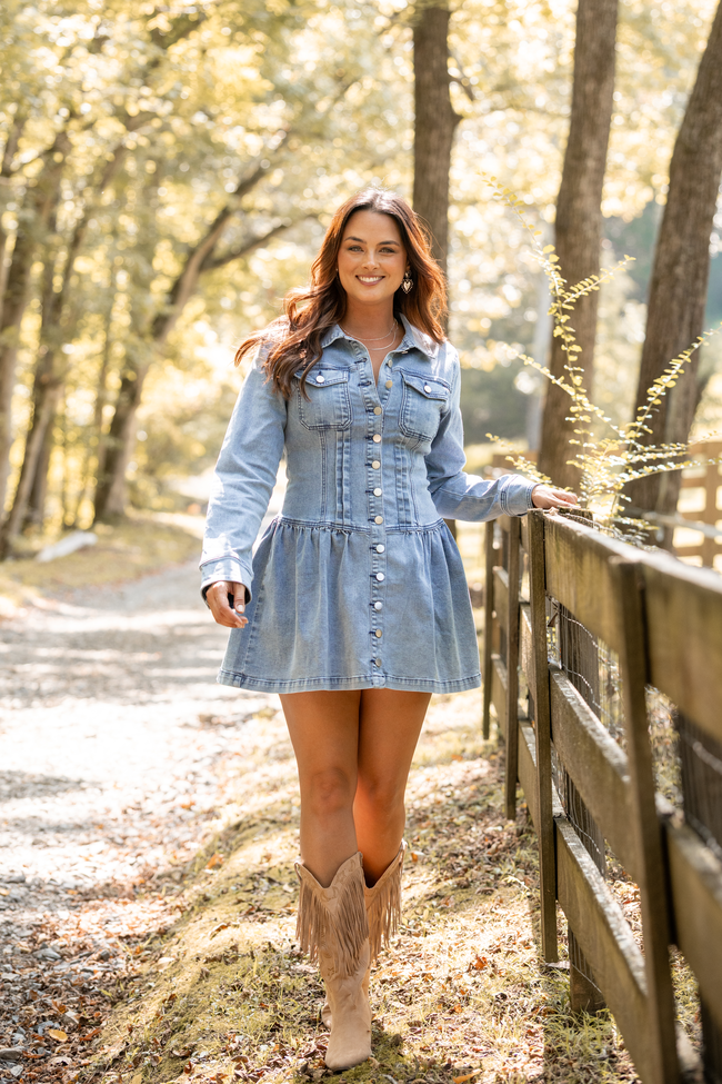 My Favorite Medium Wash Long Sleeve Button Front Mini Dress - Image 4