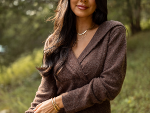 Kayce Brown Hooded V-Neck Surplice Sweater