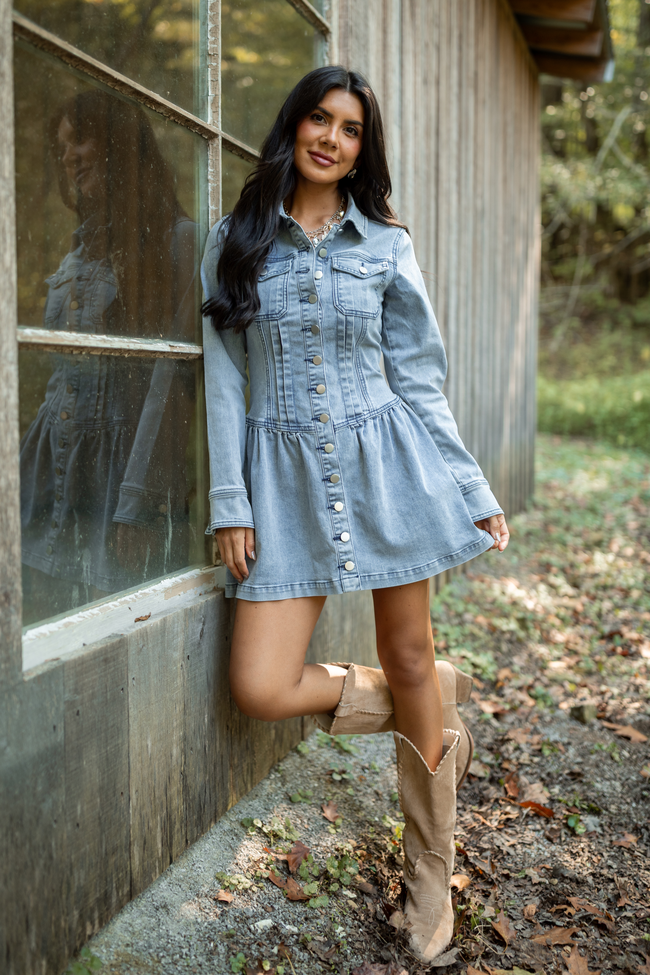 My Favorite Medium Wash Long Sleeve Button Front Mini Dress - Image 2