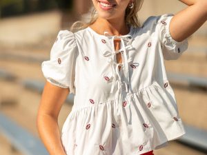 Angela Short Sleeve White Embroidered Football Peplum Top FINAL SALE