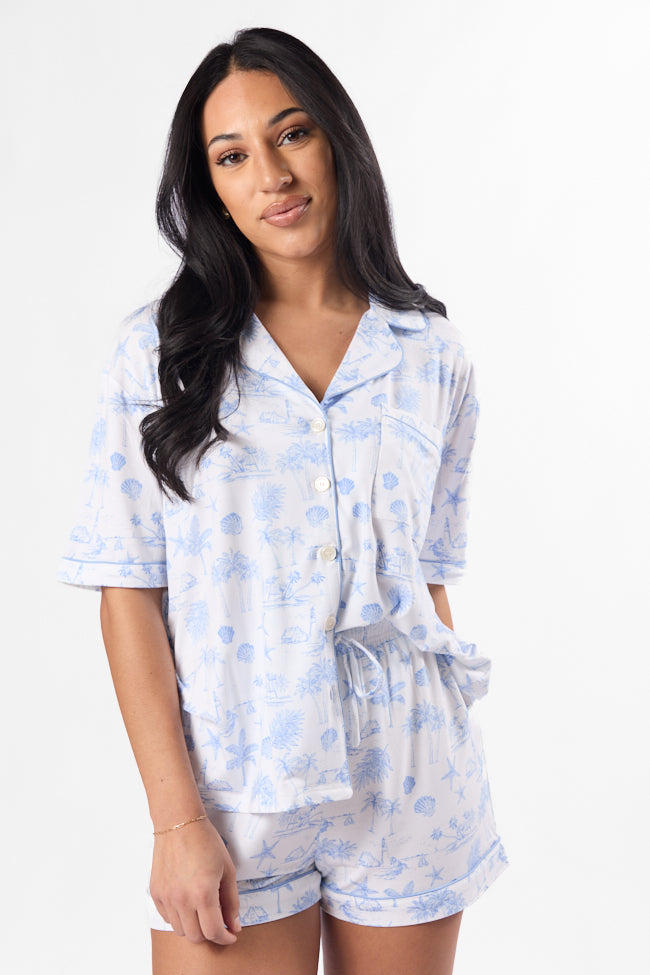 Under the Stars Blue Coastal Toile Short Sleeve Pajama Top FINAL SALE