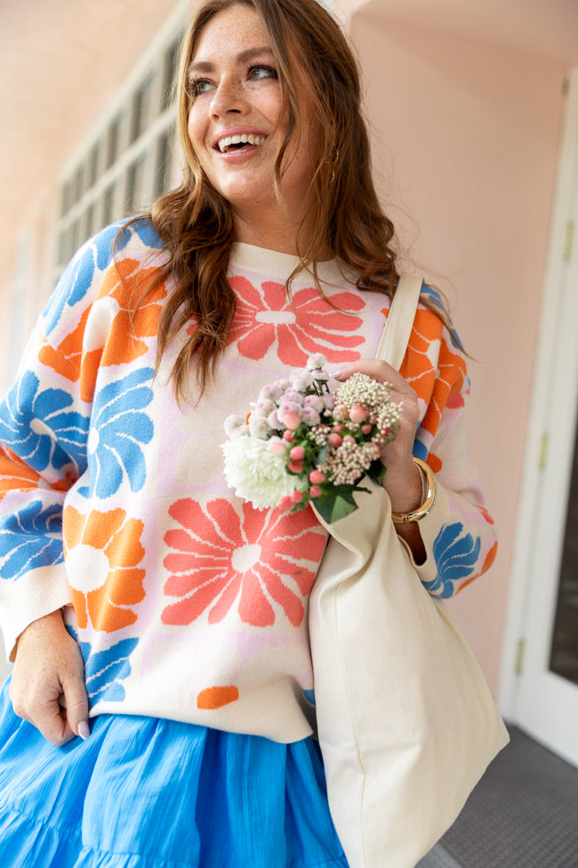 Gracious Gardens Blue Multi Block Floral Sweater FINAL SALE