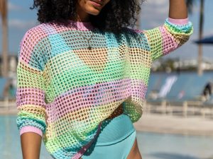 More To Come Open Knit Stripe Crew Neck Sweater FINAL SALE