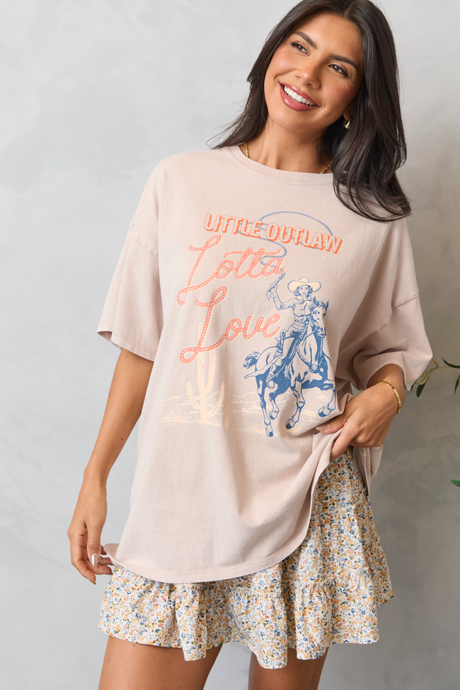 Little Outlaw Lotta Love Taupe Oversized Graphic Tee - Image 5
