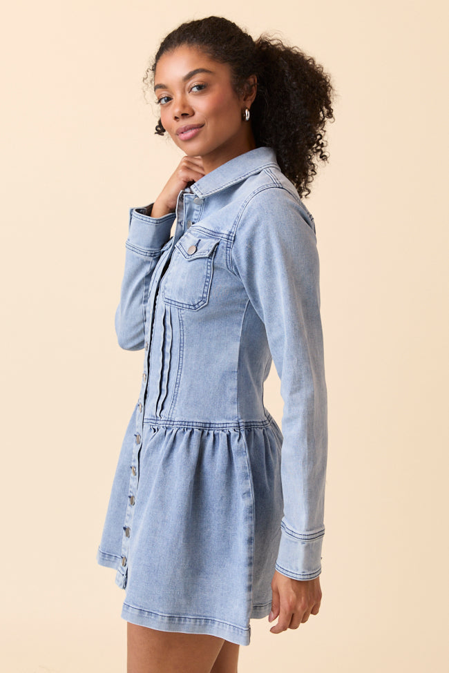 My Favorite Medium Wash Long Sleeve Button Front Mini Dress - Image 7