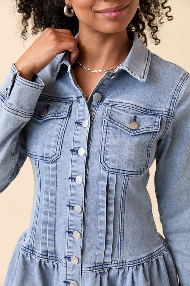 My Favorite Medium Wash Long Sleeve Button Front Mini Dress - Image 9